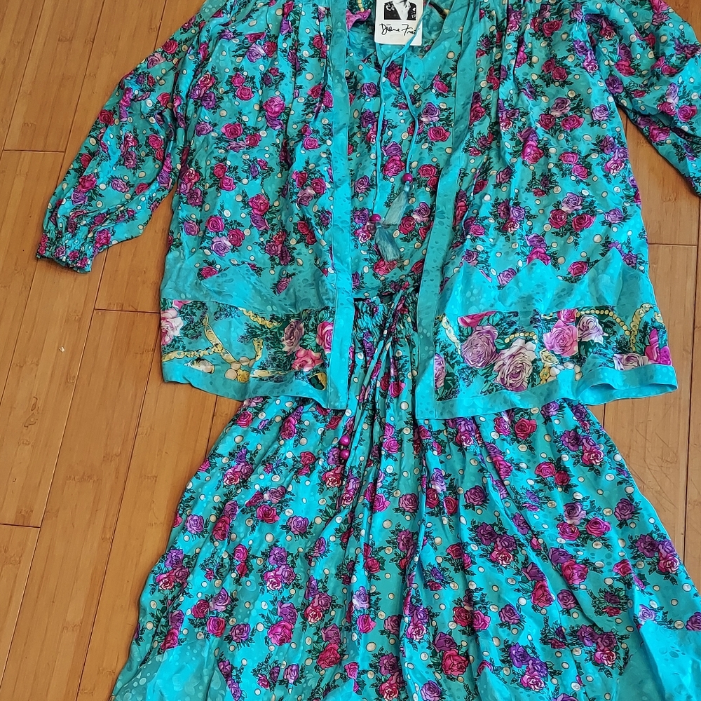 New Diane Freis silk boho gypsy glam runway 3pc dress jacket blouse skirt large